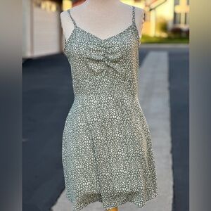 Cream and Gray Sleeveless Spaghetti Strap Mini Sundress